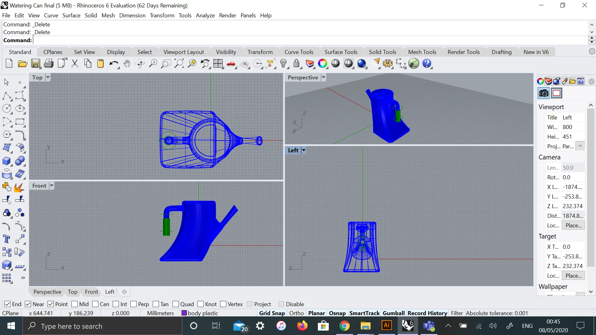 Origin Plastics — early CAD exploration in Rhino, form-finding for the recycled-plastic brief